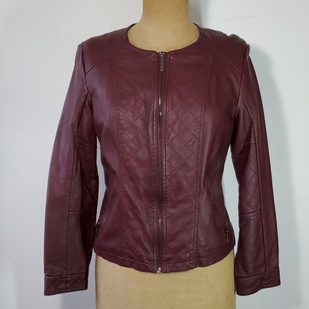 Alfani Size M NEW Moto Jacket Faux Leather Burgundy Quilted Zip Pockets Lined